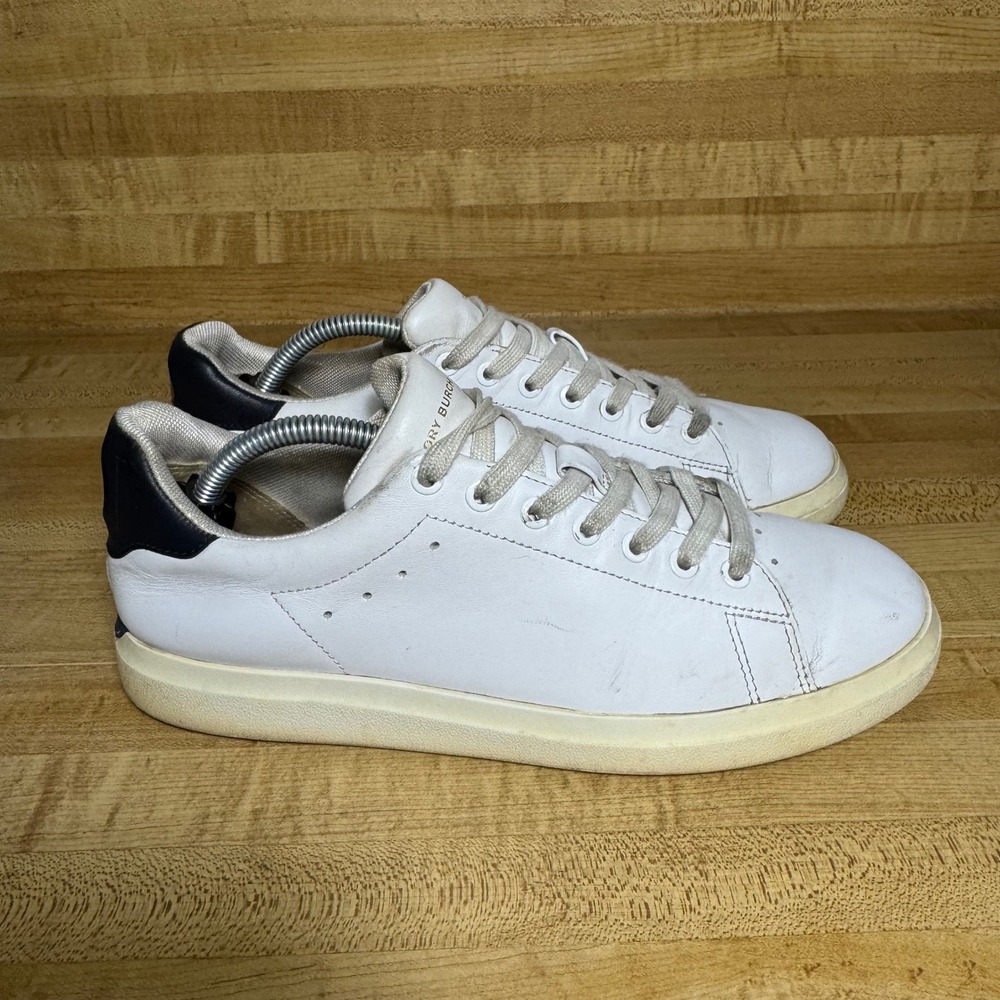 Tory Burch Howell Court White Leather Navy Blue Heel Sneakers 7M 73059 8913